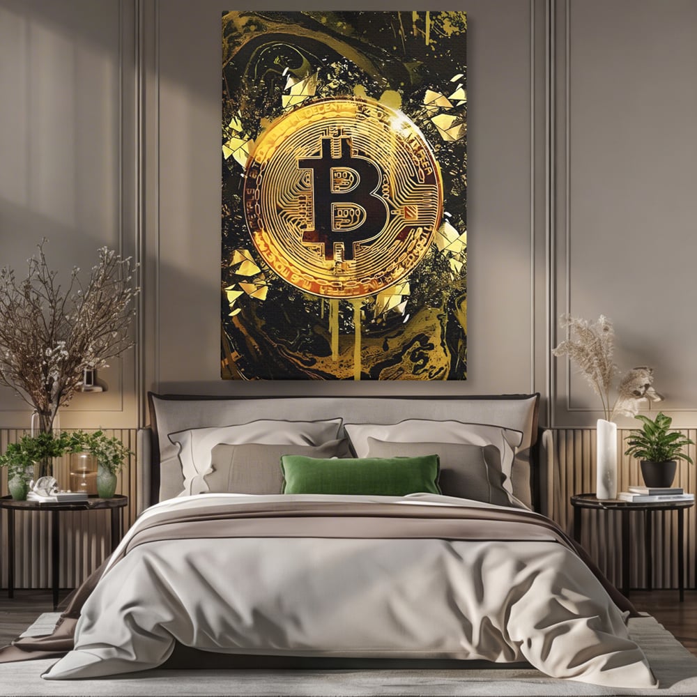 Tablou canvas cu tablou digital cu moneda bitcoin aurie, fara rama, pe sasiu de lemn, pe perete intr-un dormitor